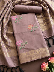 Dusty Mauve Silk Woven Dress Material With Embroidered Details