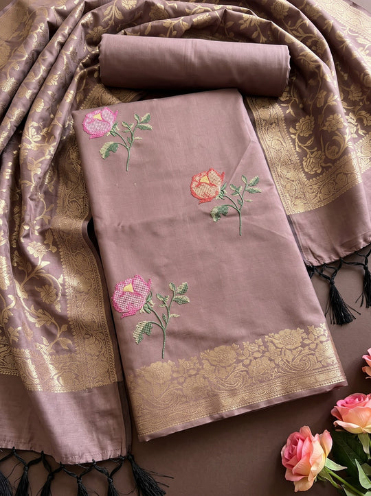 Dusty Mauve Silk Woven Dress Material With Embroidered Details