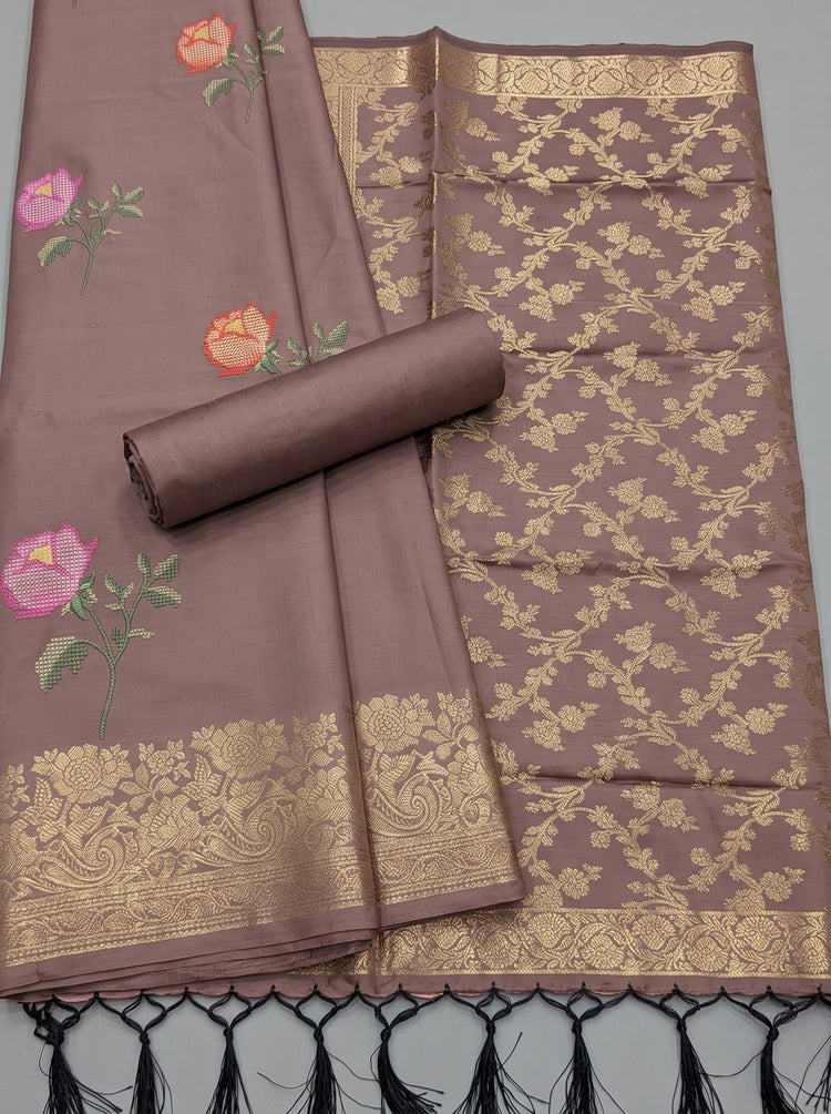 Dusty Mauve Silk Woven Dress Material With Embroidered Details