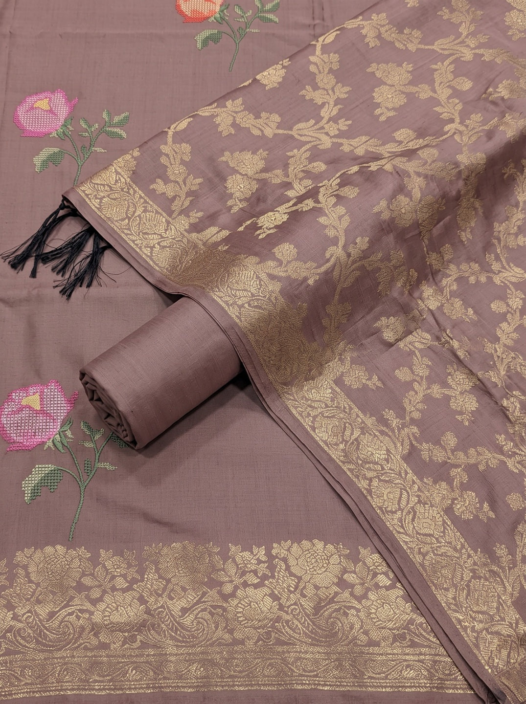 Dusty Mauve Silk Woven Dress Material With Embroidered Details
