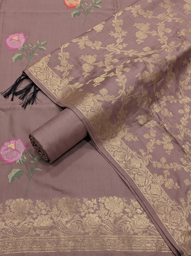 Dusty Mauve Silk Woven Dress Material With Embroidered Details