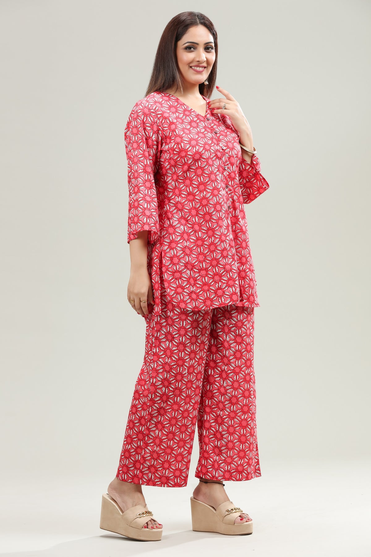 Red Jaipuri Cotton Straight Printed Kurta Pant Co ord Set for women /girl