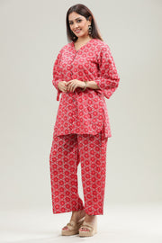 Red Jaipuri Cotton Straight Printed Kurta Pant Co ord Set for women /girl