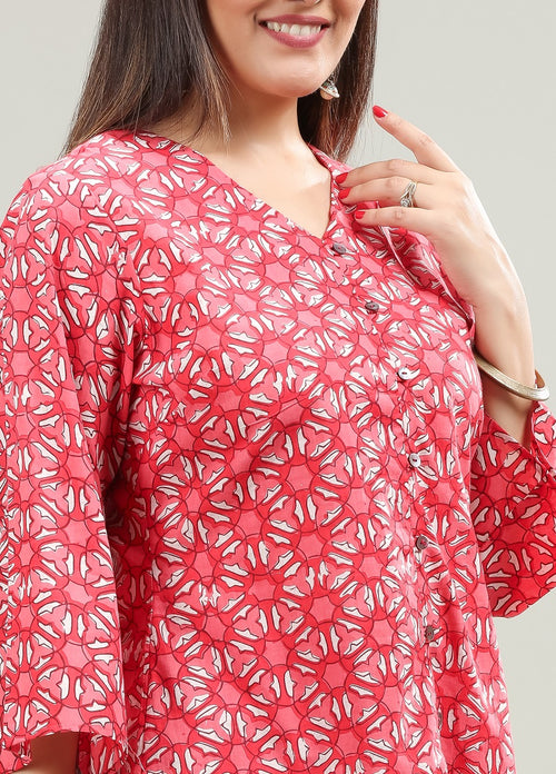 Red Jaipuri Cotton Straight Printed Kurta Pant Co ord Set for women /girl