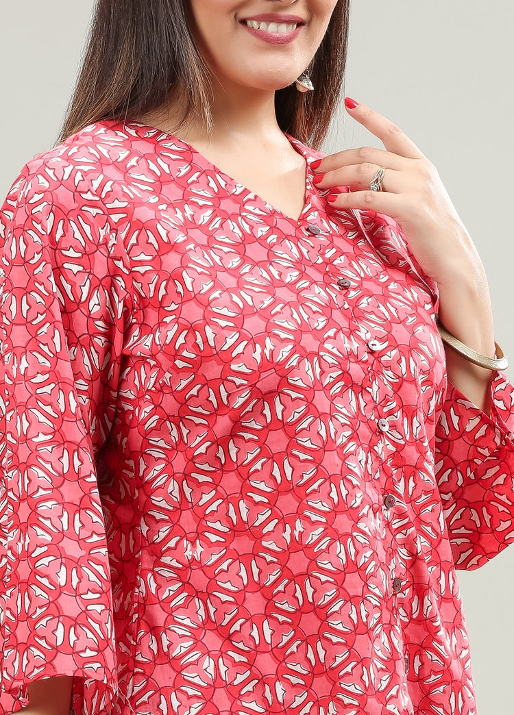 Red Jaipuri Cotton Straight Printed Kurta Pant Co ord Set for women /girl