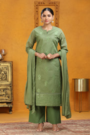 Pista Green Organdy Straight Embroidered Kurta Pants and Dupatta Set