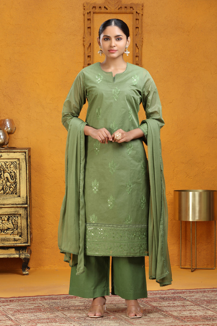 Pista Green Organdy Straight Embroidered Kurta Pants and Dupatta Set