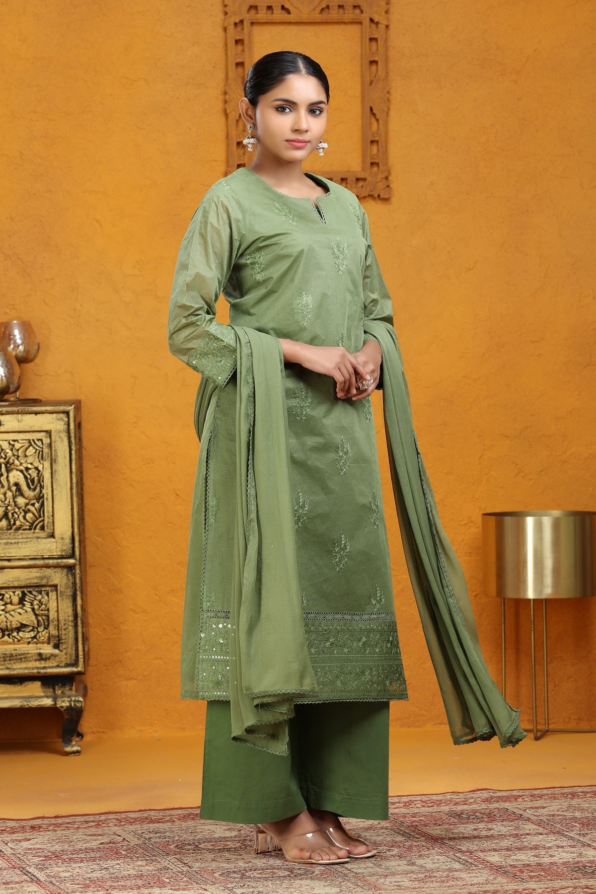 Pista Green Organdy Straight Embroidered Kurta Pants and Dupatta Set