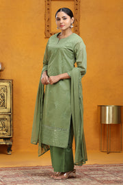 Pista Green Organdy Straight Embroidered Kurta Pants and Dupatta Set