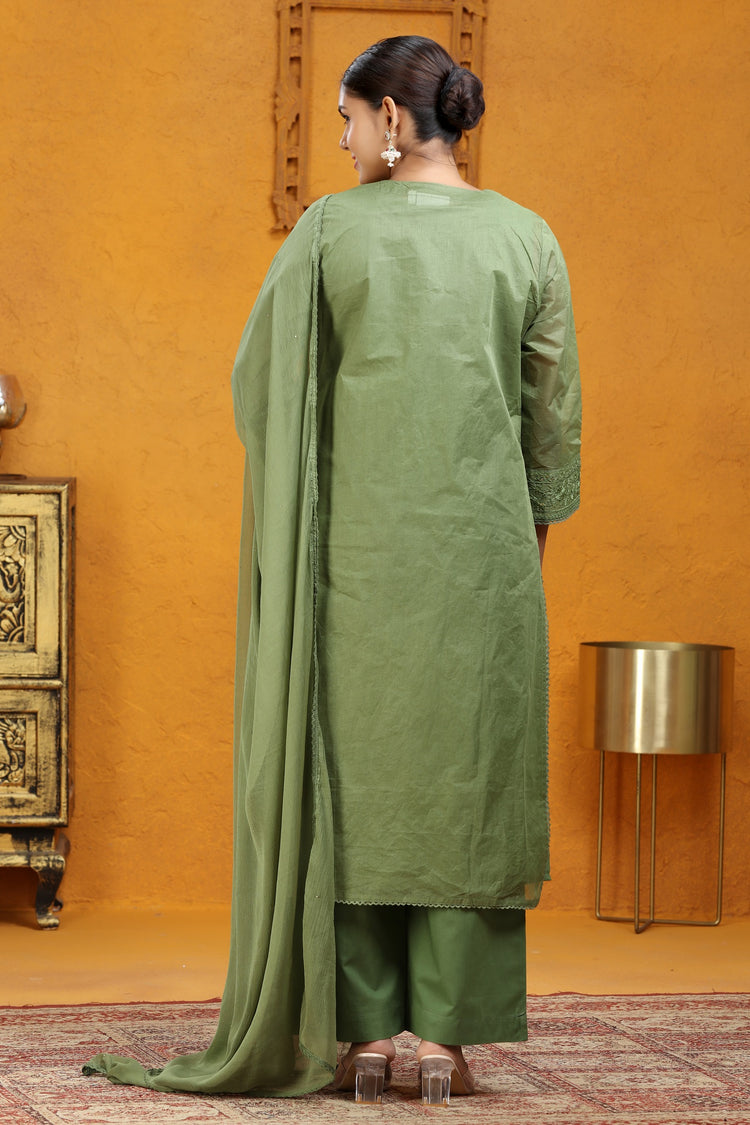 Pista Green Organdy Straight Embroidered Kurta Pants and Dupatta Set