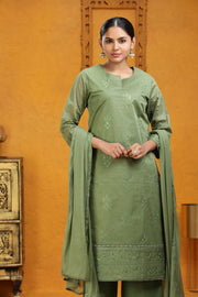 Pista Green Organdy Straight Embroidered Kurta Pants and Dupatta Set