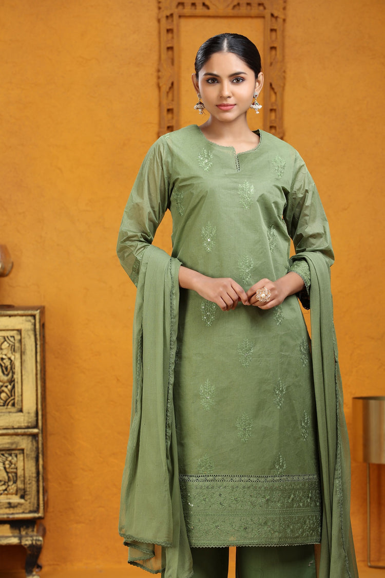 Pista Green Organdy Straight Embroidered Kurta Pants and Dupatta Set