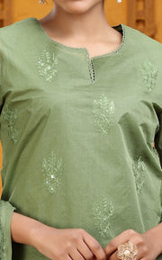 Pista Green Organdy Straight Embroidered Kurta Pants and Dupatta Set