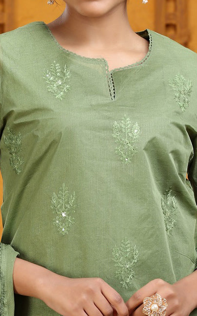 Pista Green Organdy Straight Embroidered Kurta Pants and Dupatta Set