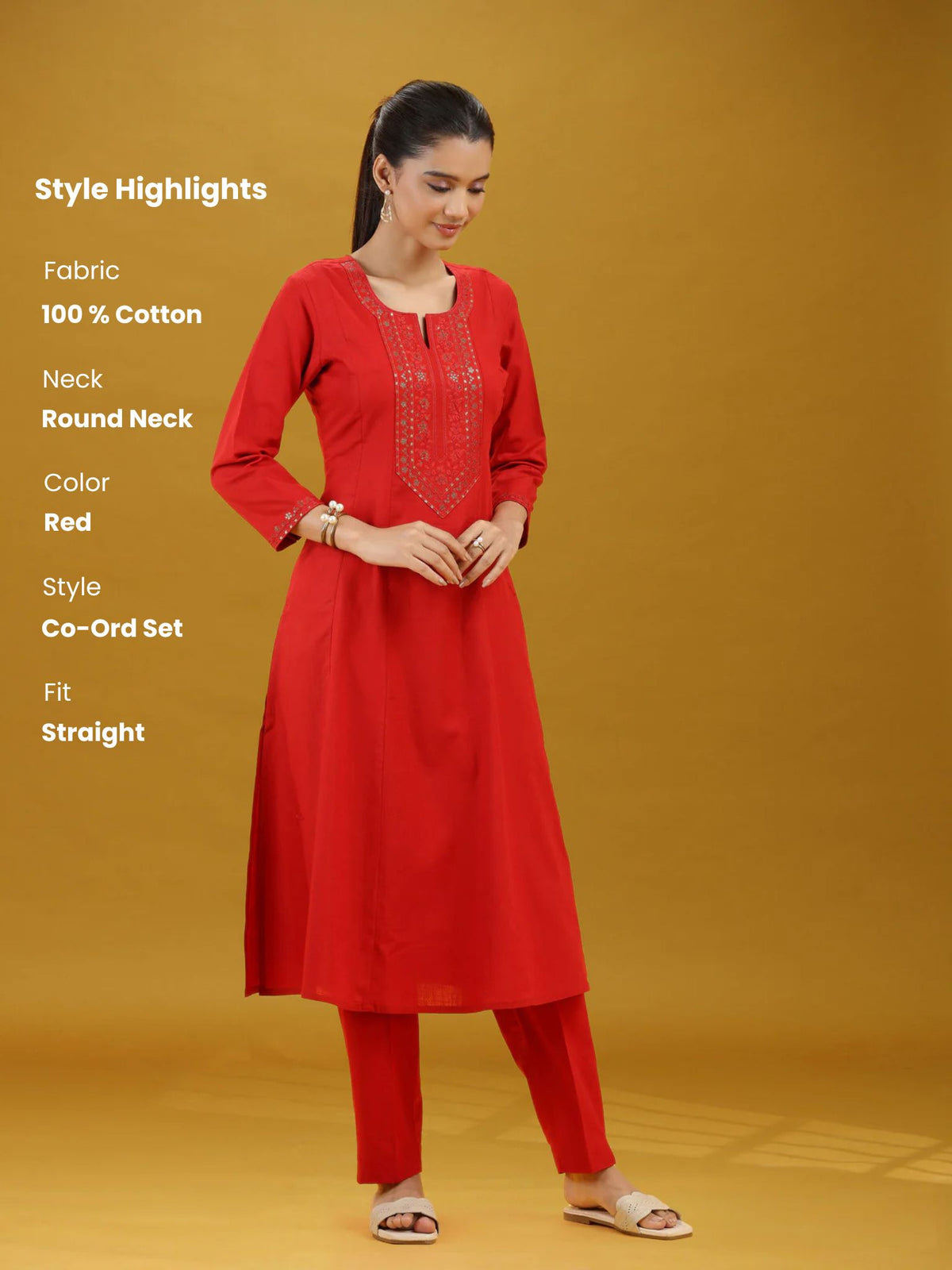 Elegant Red Embroidered Straight Pure Cotton Co-Ord Set