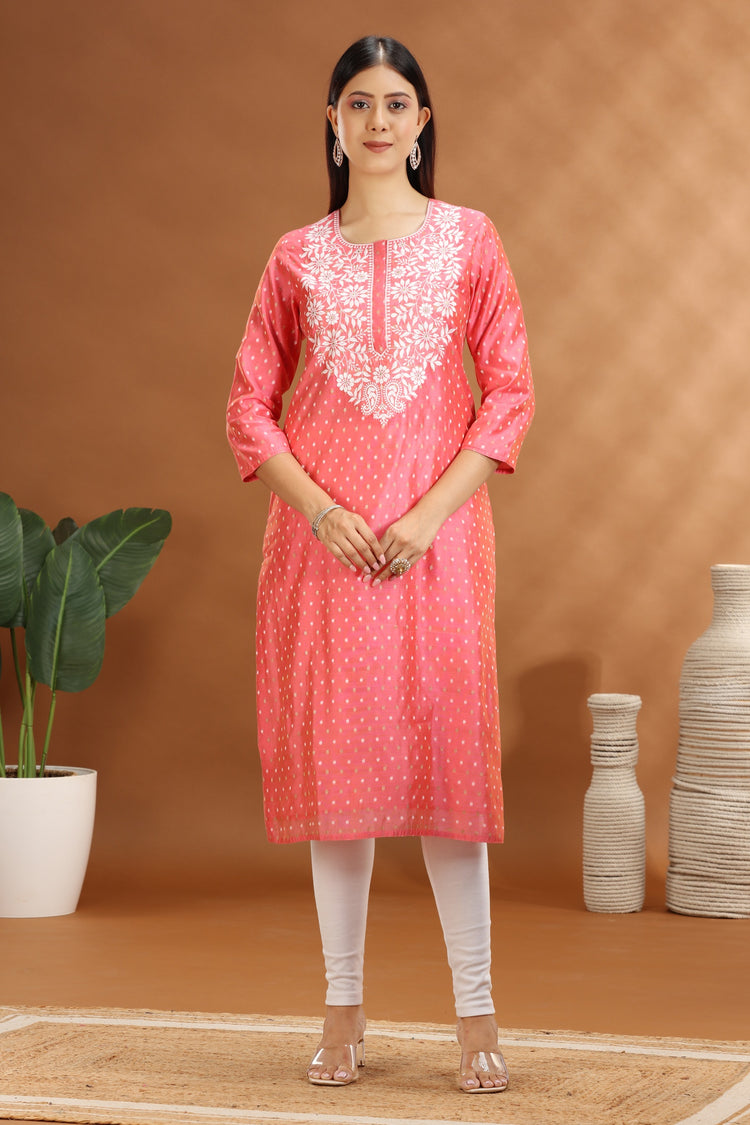 Baby Pink Chanderi Straight Embroidered Kurta