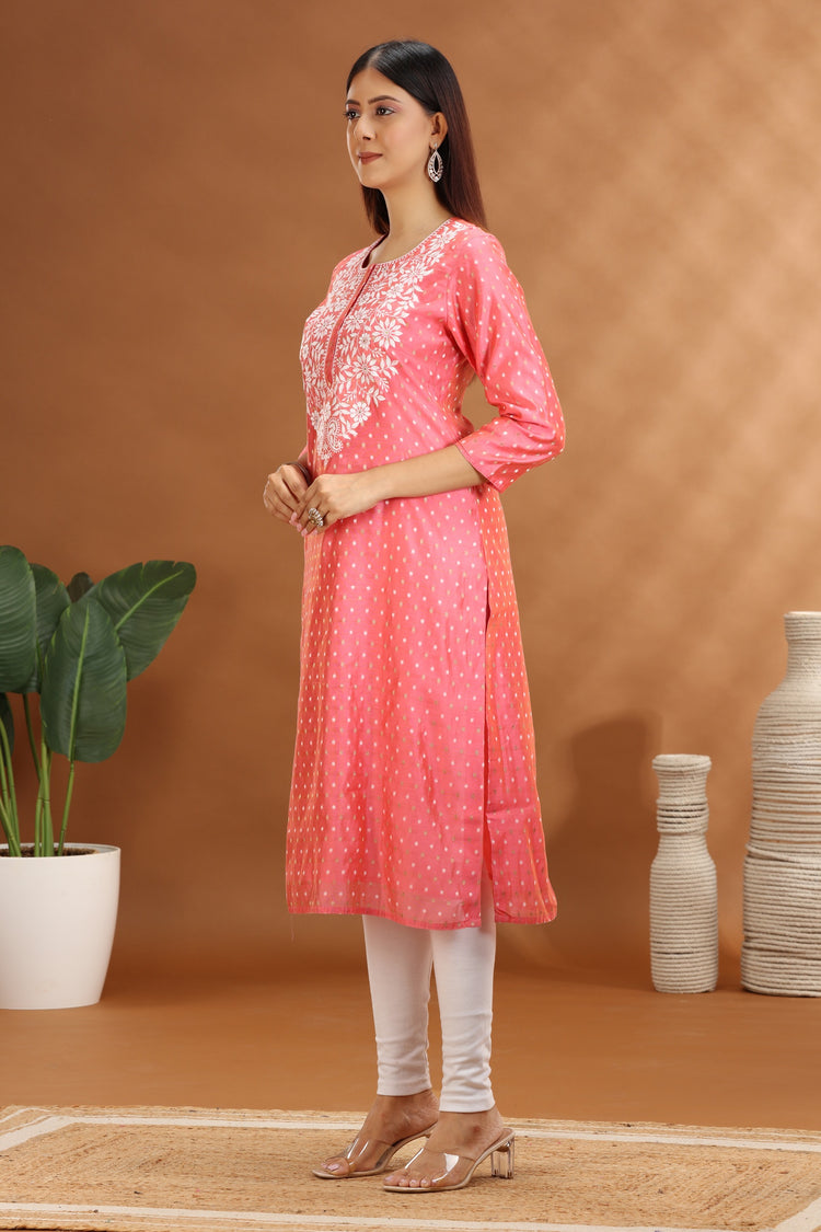 Baby Pink Chanderi Straight Embroidered Kurta