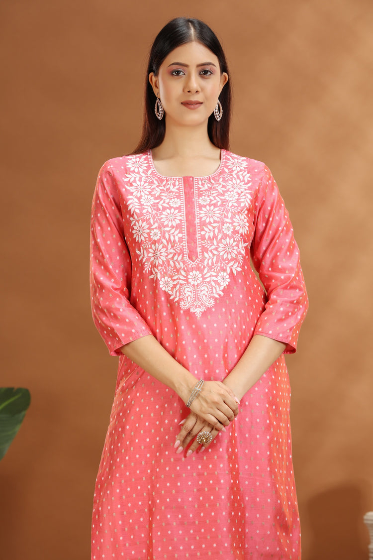 Baby Pink Chanderi Straight Embroidered Kurta