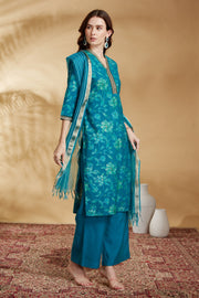 Teal Viscose Straight Embroidered Kurta Pant and Dupatta Suit Set