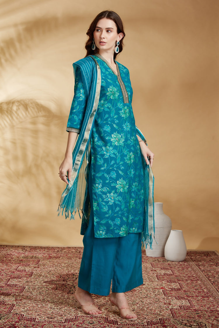Teal Viscose Straight Embroidered Kurta Pant and Dupatta Suit Set