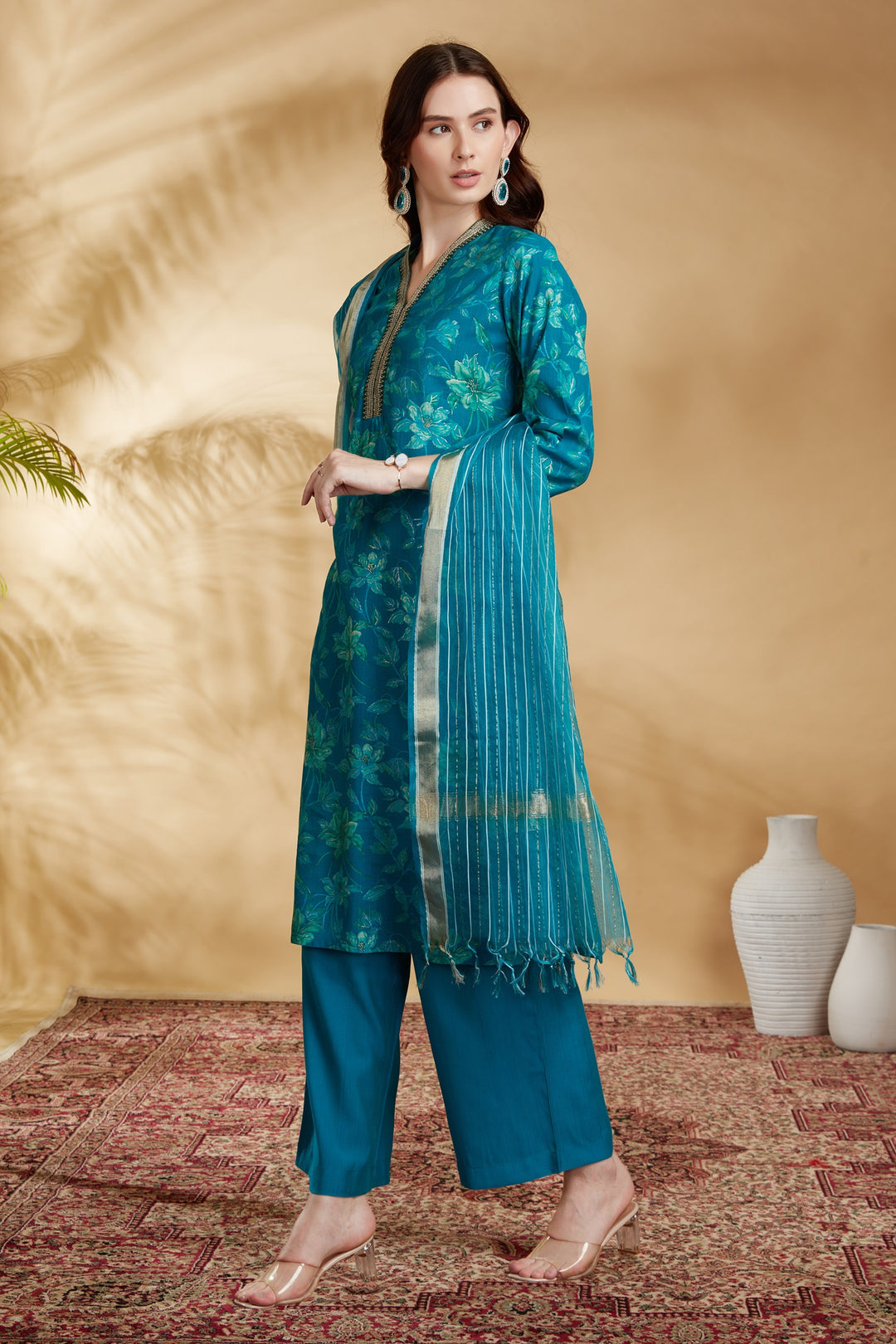 Teal Viscose Straight Embroidered Kurta Pant and Dupatta Suit Set
