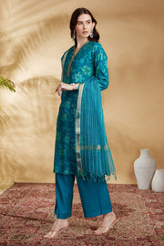Teal Viscose Straight Embroidered Kurta Pant and Dupatta Suit Set