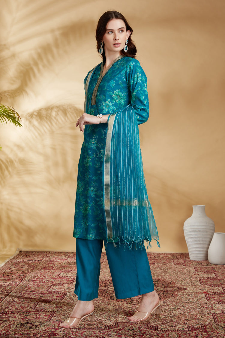 Teal Viscose Straight Embroidered Kurta Pant and Dupatta Suit Set