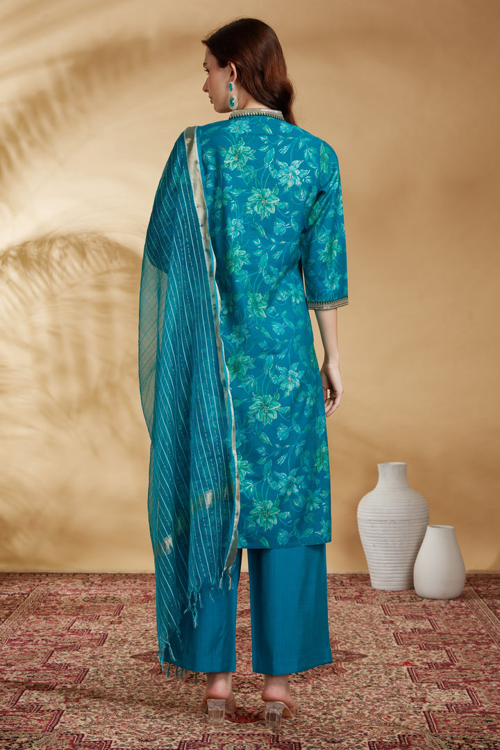 Teal Viscose Straight Embroidered Kurta Pant and Dupatta Suit Set