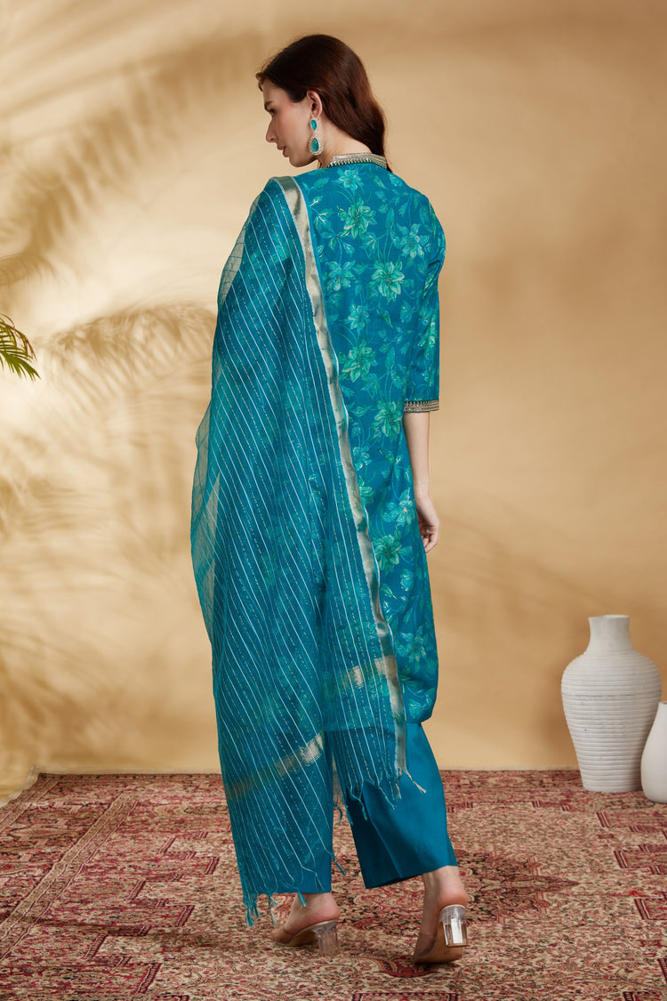 Teal Viscose Straight Embroidered Kurta Pant and Dupatta Suit Set