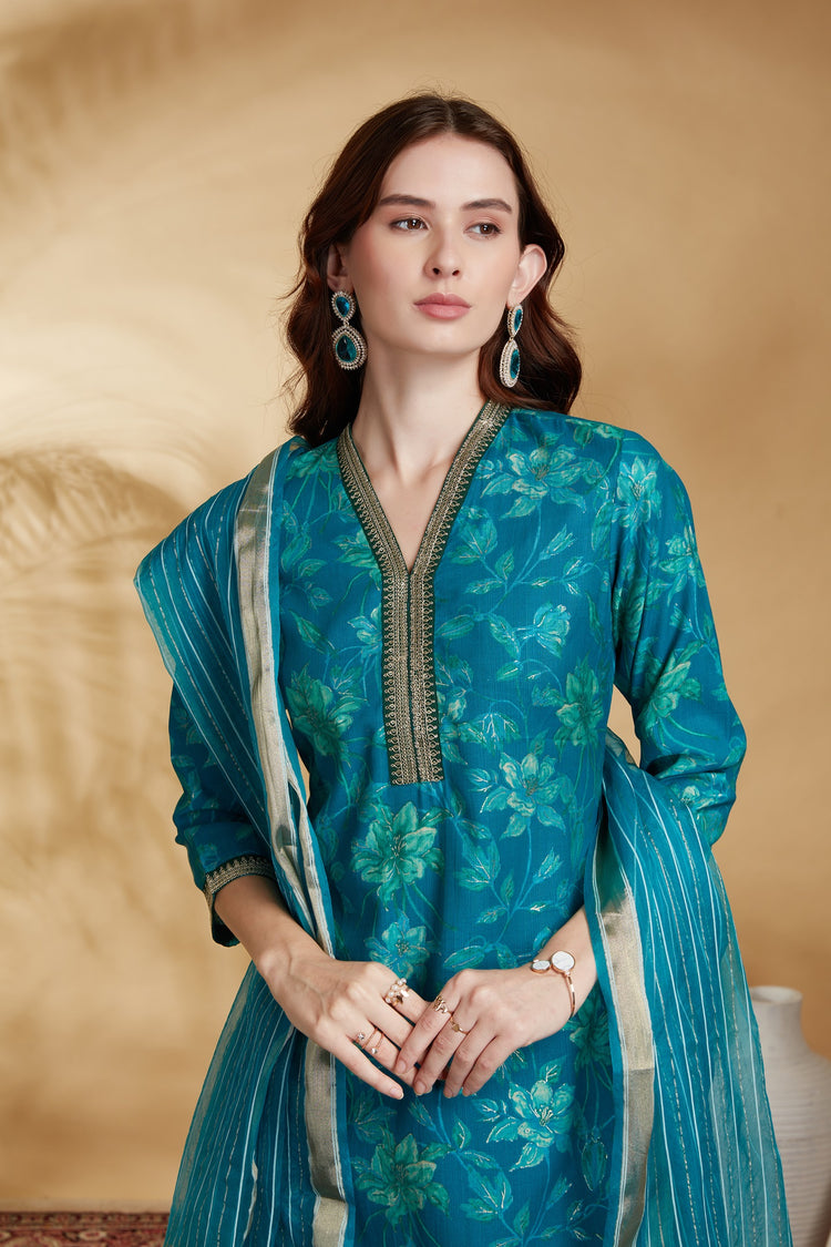 Teal Viscose Straight Embroidered Kurta Pant and Dupatta Suit Set