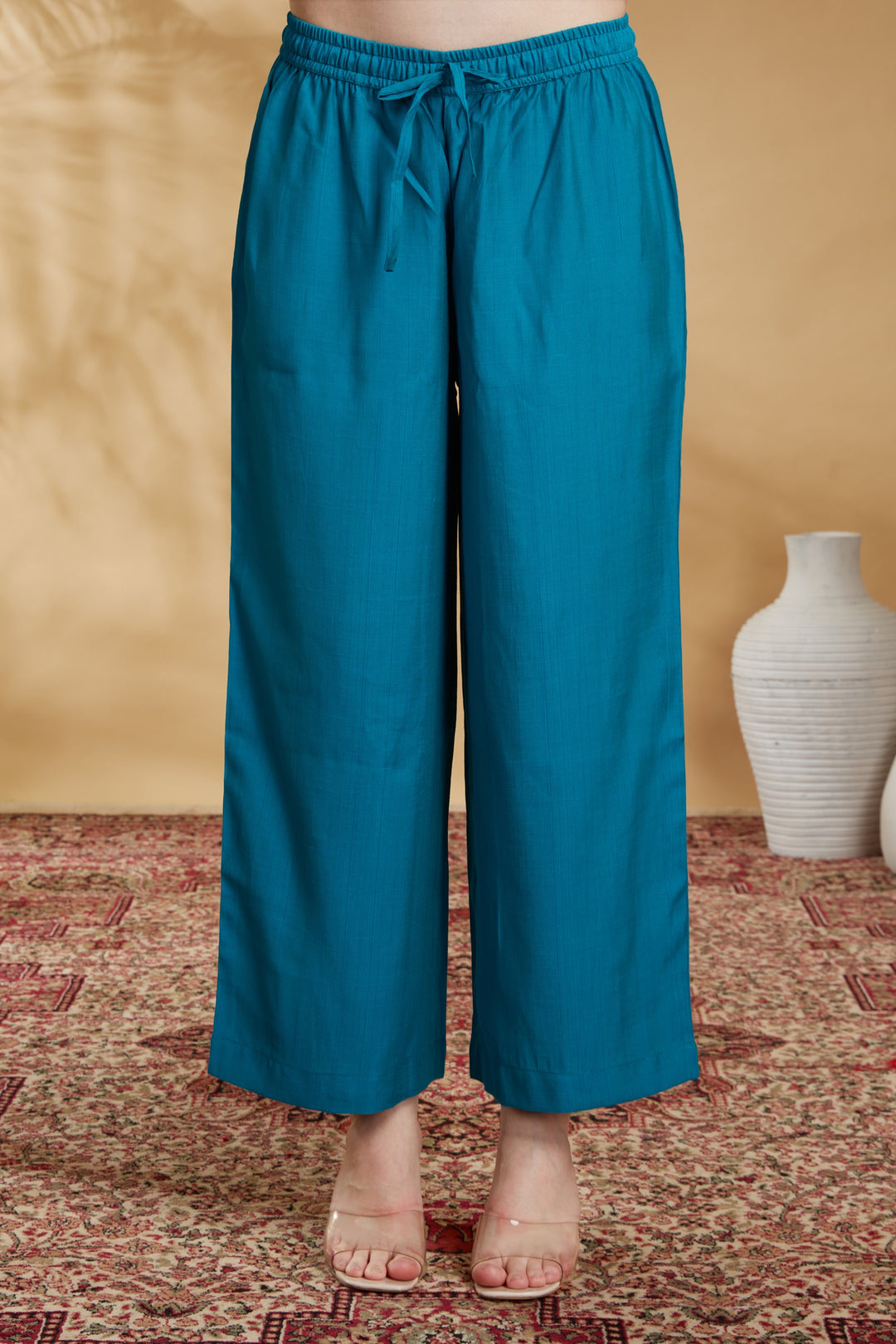 Teal Viscose Straight Embroidered Kurta Pant and Dupatta Suit Set