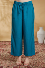 Teal Viscose Straight Embroidered Kurta Pant and Dupatta Suit Set