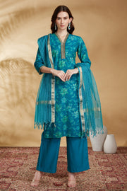 Teal Viscose Straight Embroidered Kurta Pant and Dupatta Suit Set