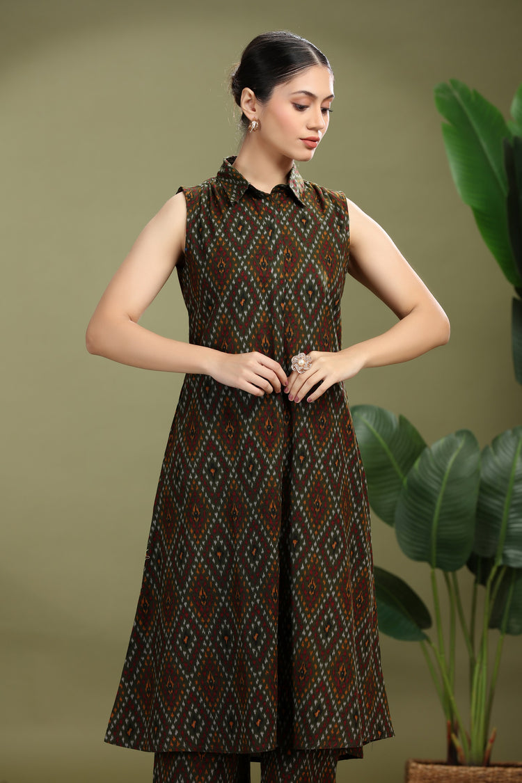 Forest Green Cotton Flex Printed A Line Kurta Pant Co ord Set