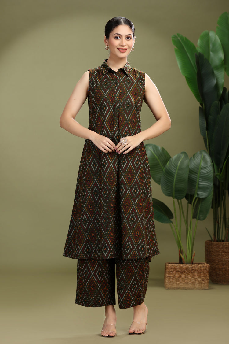Forest Green Cotton Flex Printed A Line Kurta Pant Co ord Set
