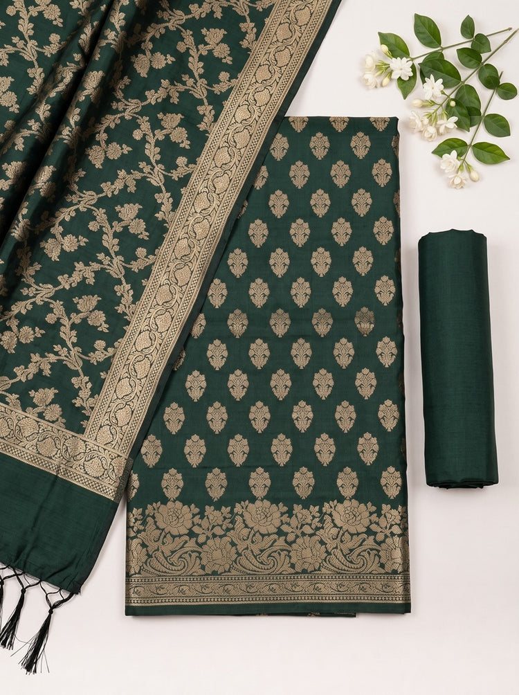 Forest Green Banarasi Woven Dress Material