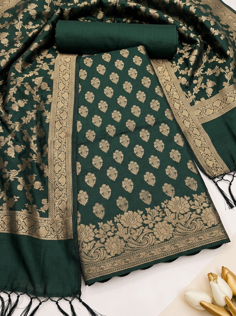 Forest Green Banarasi Woven Dress Material