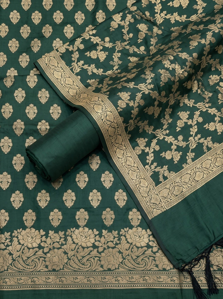 Forest Green Banarasi Woven Dress Material