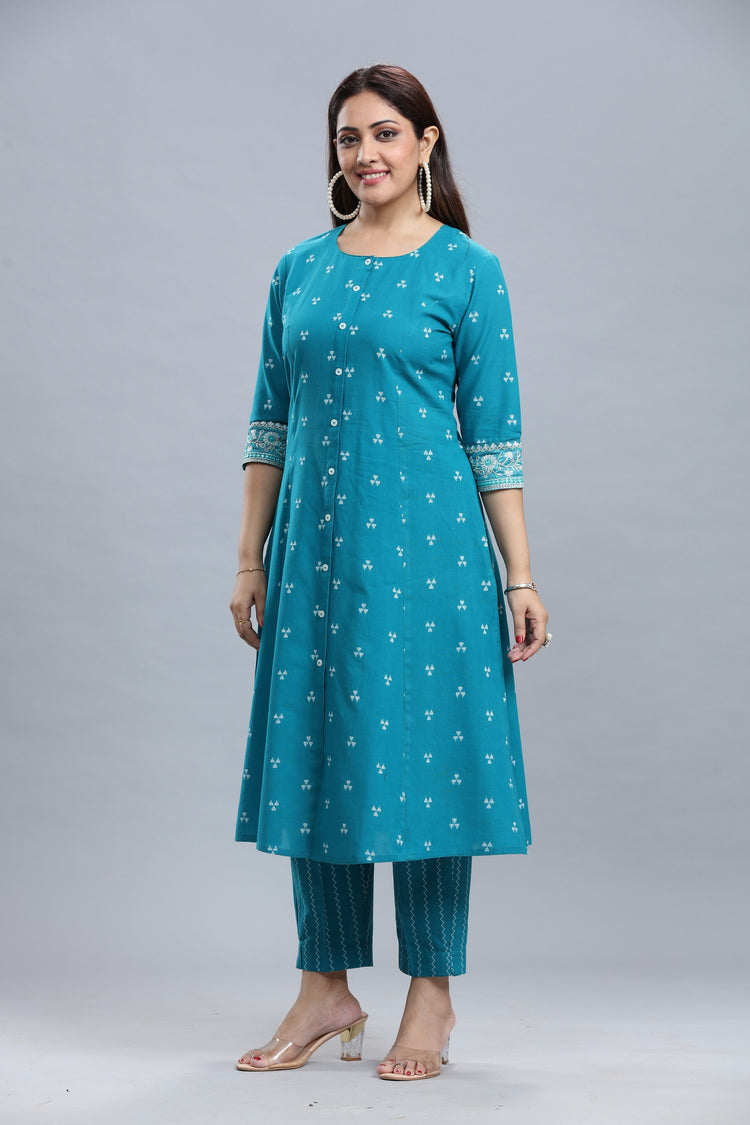 Turquoise Handloom Cotton A Line Yarndyed Kurta Pant Co ord Set for women