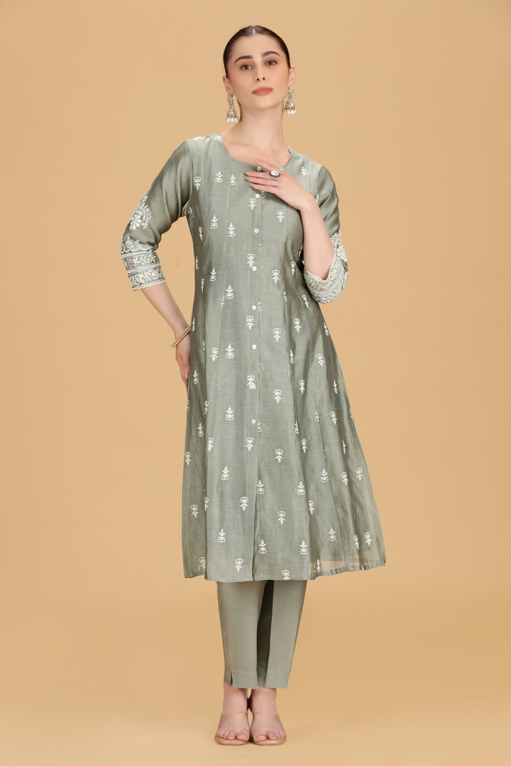 Gray Chanderi Embroidered A Line Kurta Pant Co ord Set