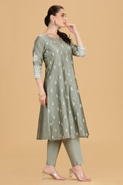 Gray Chanderi Embroidered A Line Kurta Pant Co ord Set