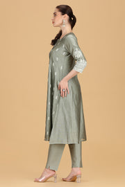 Gray Chanderi Embroidered A Line Kurta Pant Co ord Set