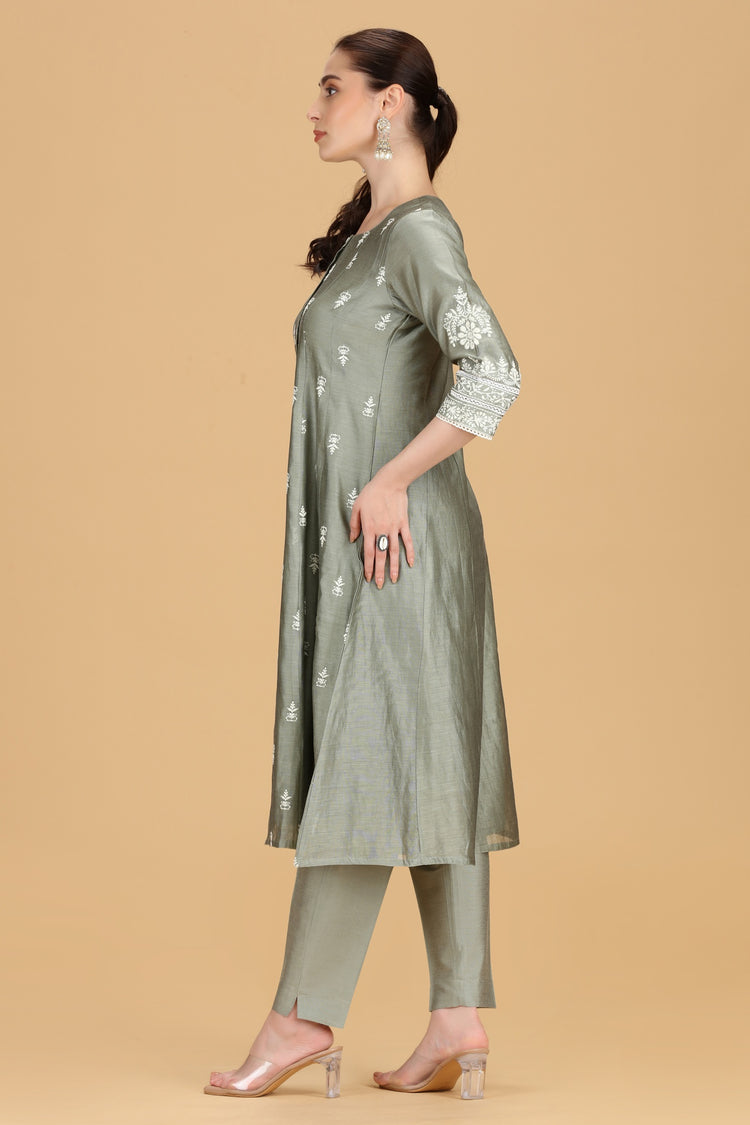 Gray Chanderi Embroidered A Line Kurta Pant Co ord Set