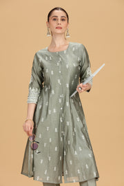 Gray Chanderi Embroidered A Line Kurta Pant Co ord Set