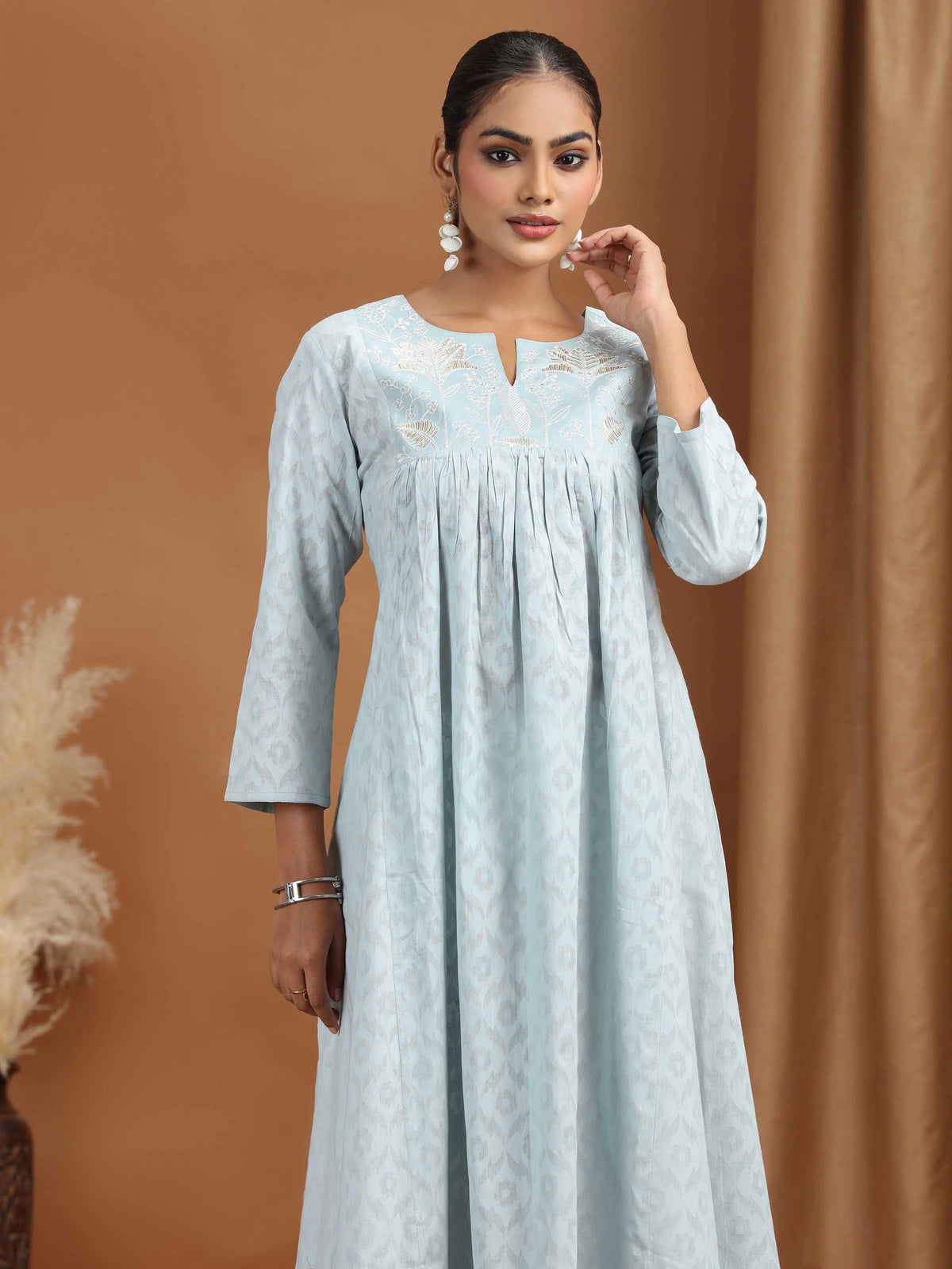 Gray Embroidered Cotton Gathered Kurta