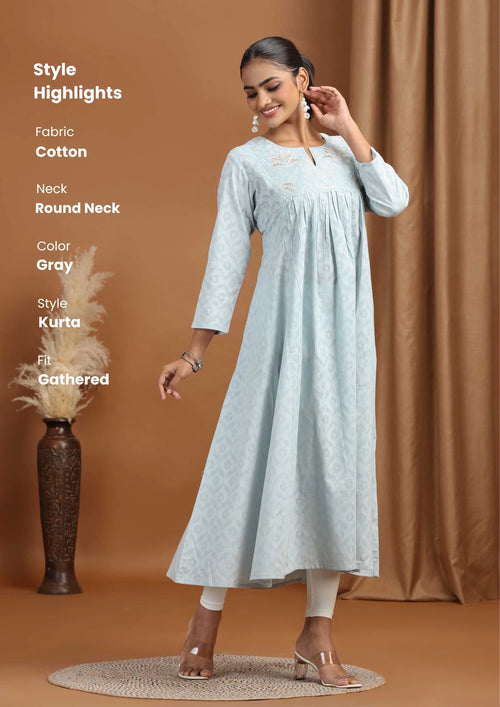Gray Embroidered Cotton Gathered Kurta
