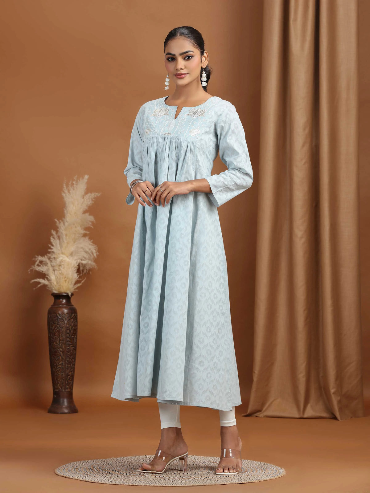 Gray Embroidered Cotton Gathered Kurta