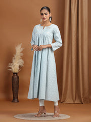 Gray Embroidered Cotton Gathered Kurta