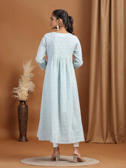 Gray Embroidered Cotton Gathered Kurta