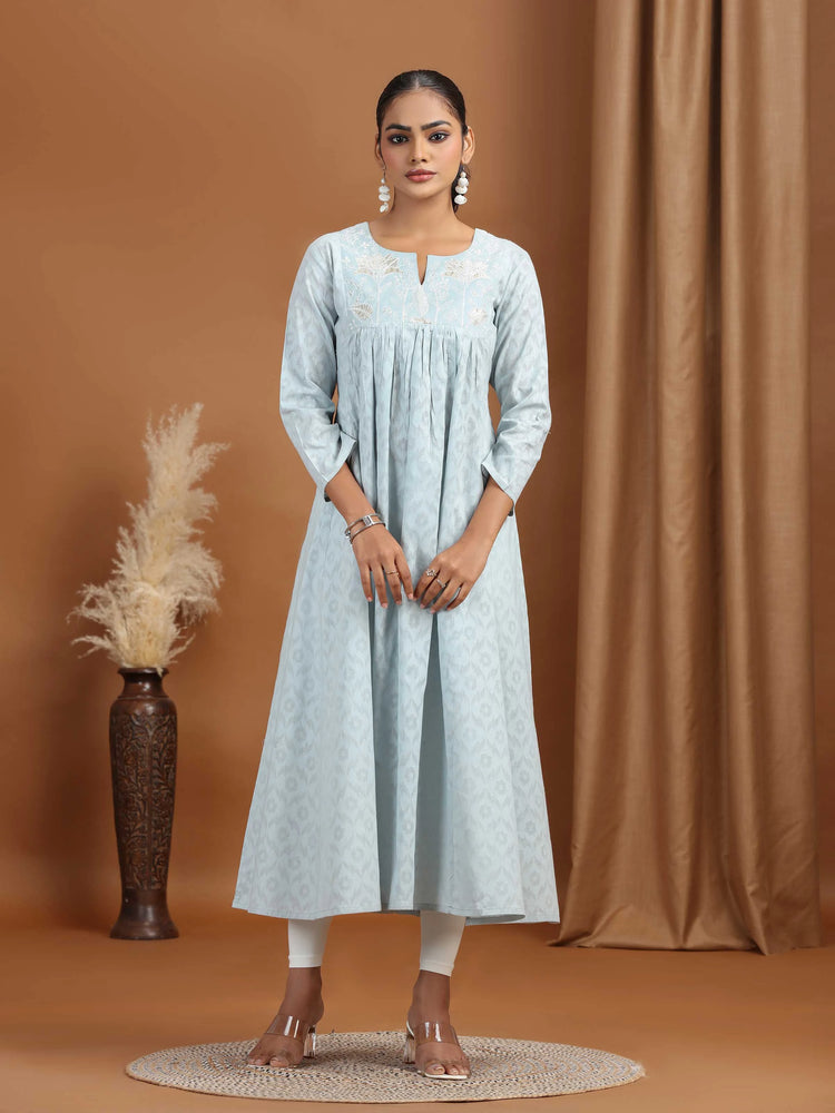 Gray Embroidered Cotton Gathered Kurta